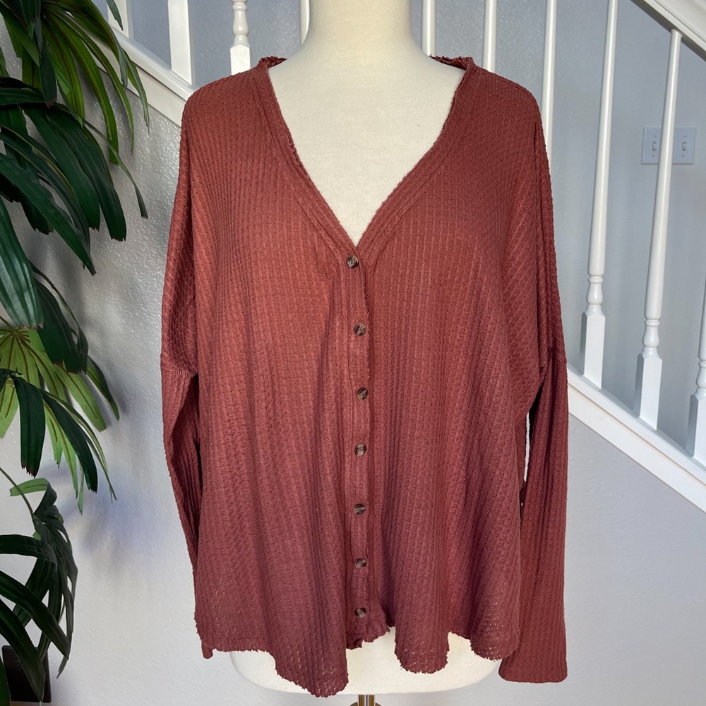Urban Outfitters Button-Up Waffle Top - Rust